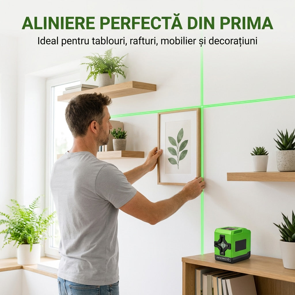 Nivela laser verde Invincio Practic Pro, fascicol Laser Verde Vizibil in cruce pentru vertical si orizontal, auto-nivelare ±4º grade, raza 30 m, intensitati luminare, functie blocare pentru linii diagonale, precizie ±1 mm, verde