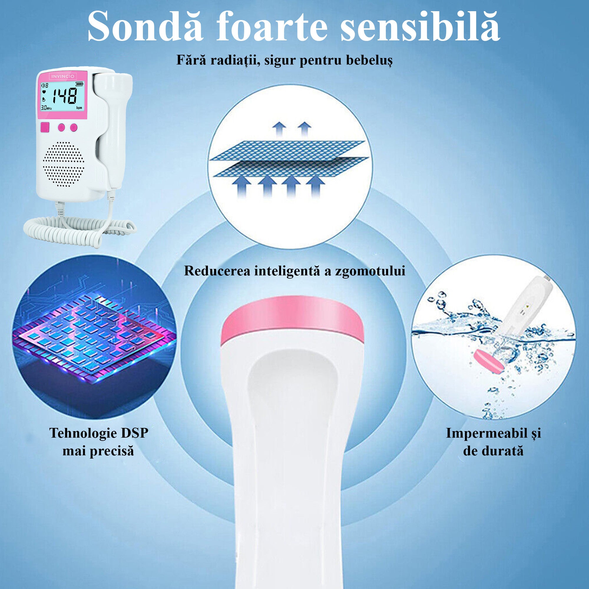 Monitor fetal Doppler, Invincio, pentru monitorizare functii vitale fat intrauterin, gel ultrasunete inclus, Zero radiatii, detectarea batailor inimii/pulsului fatului, pentru gravide, portabil, alb/roz