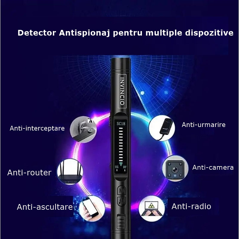 Detector camere si microfoane spion Invincio, portabil, 12 nivele detectie cu indicator LED si sonor, detecteaza localizatoare GPS/GSM si reportofoane si alte surse ascunse, frecvente 100 micro HZ-8GHZ, negru