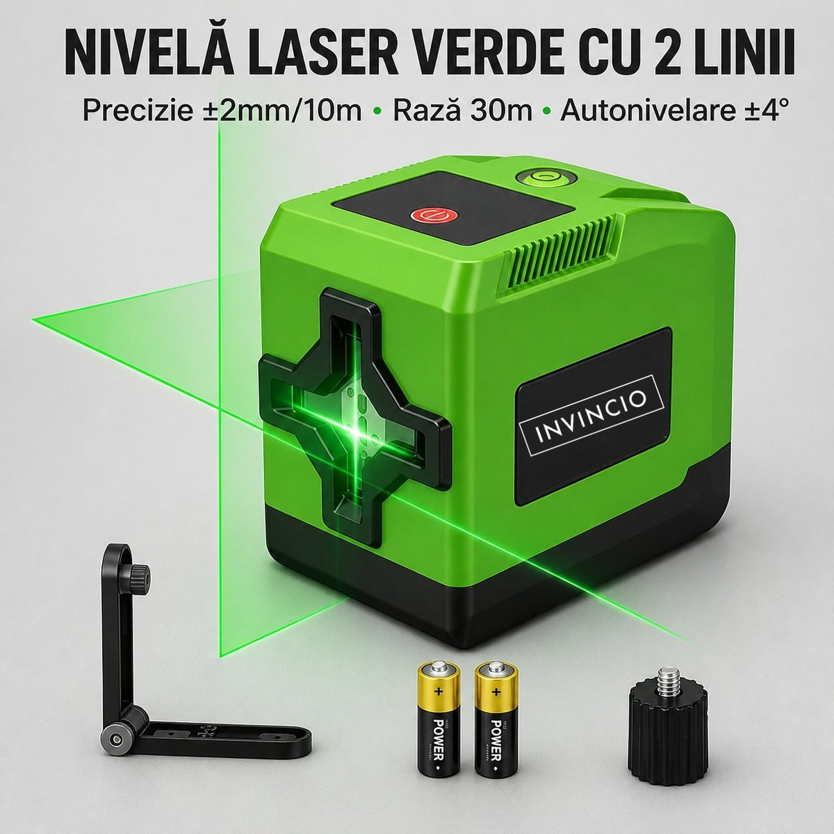 Nivela laser verde Invincio Practic Pro, fascicol Laser Verde Vizibil in cruce pentru vertical si orizontal, auto-nivelare ±4º grade, raza 30 m, intensitati luminare, functie blocare pentru linii diagonale, precizie ±1 mm, verde