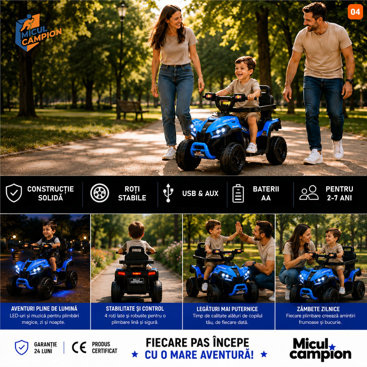 ATV de impins pentru copii Invincio Micul Campion OffRoad 2 in 1, 2-7 ani, maner parental, bara protectie si parasolar detasabile, Faruri functionale, panou muzical USB, suport picioare, max. 30 kg, Albastru