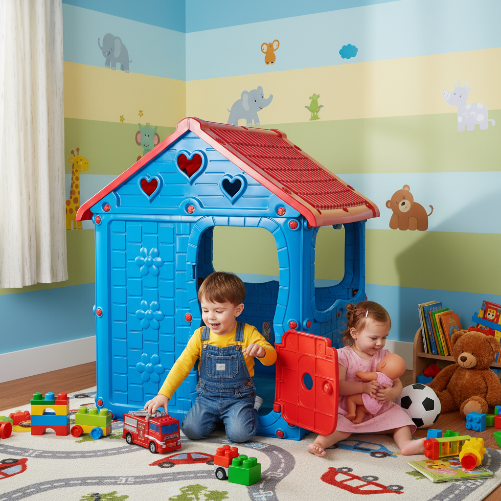 Casuta de joaca pentru copii Bezubi Kids FUN, colturi rotunjite, sigur si rezistent, interior/exterior, demontabila, cu usa si ferestre, design ergonomic, 2 locuri, varsta 1+ ani, dimensiuni 98x92x116 cm, albastru cu rosu