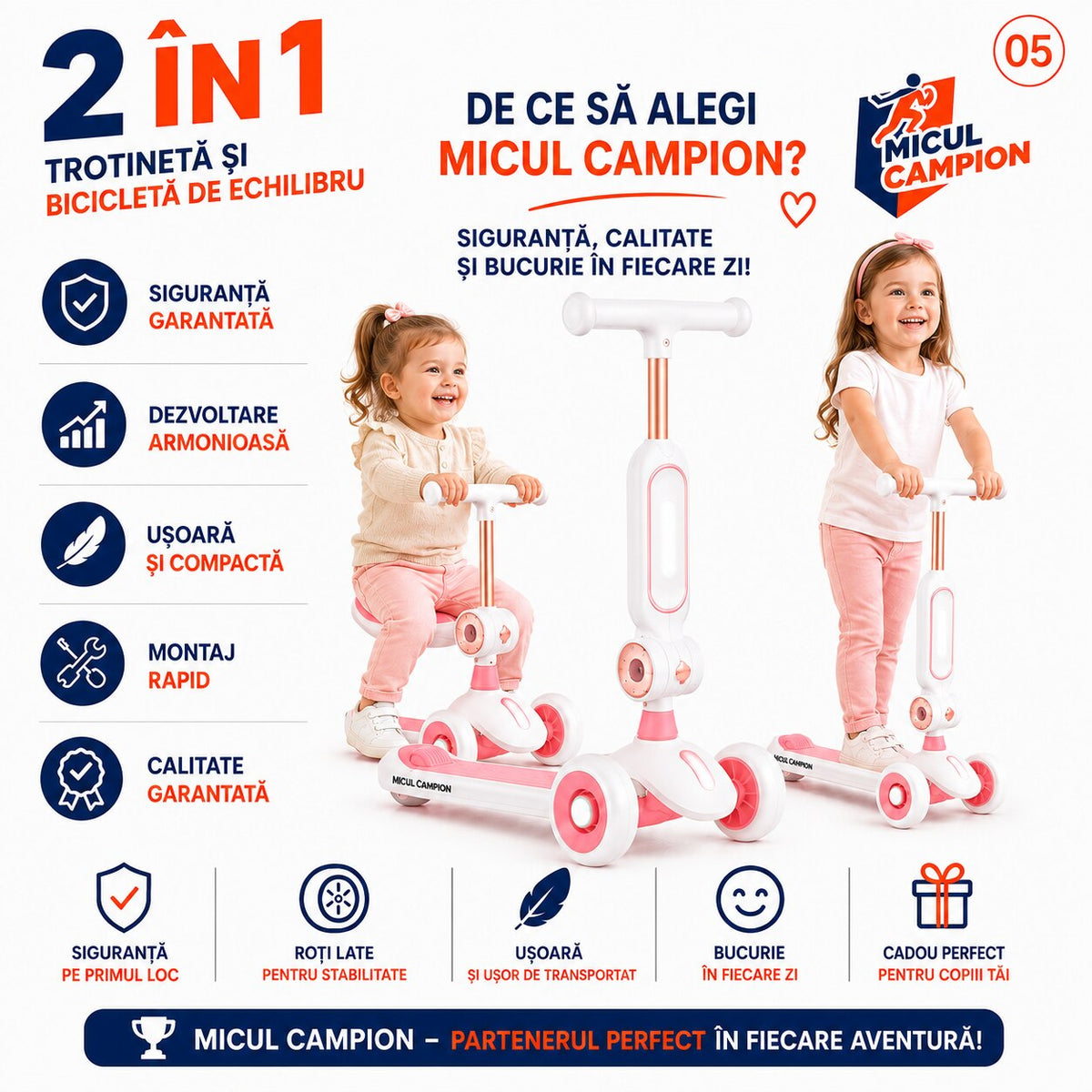Trotineta Fete 2 in 1 INVINCIO Play – Bicicleta de Echilibru cu Scaun rabatabil, 3 Roti EVA pline silentioase, LED Frontal pentru siguranta sporita, Pliabila usor de depozitat si transportat, Ghidon Reglabil, Frana Spate, 2-5 ani, Max. 30 kg, Alb/Roz