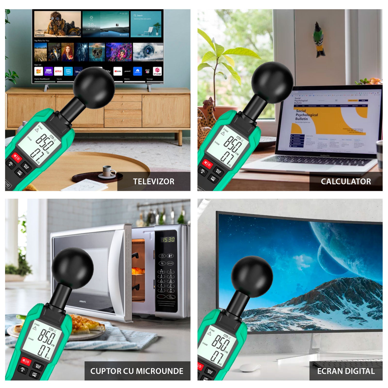 Detector Radiatii Electro-magnetice Invincio EMF, Digital cu Display LCD Iluminat, Detectare Camp Electric, Electromagnetic, mG/µT/(V/M), Temperatura ℃/℉, Functie Memorare Valoare Maxima, Lanterna, Negru