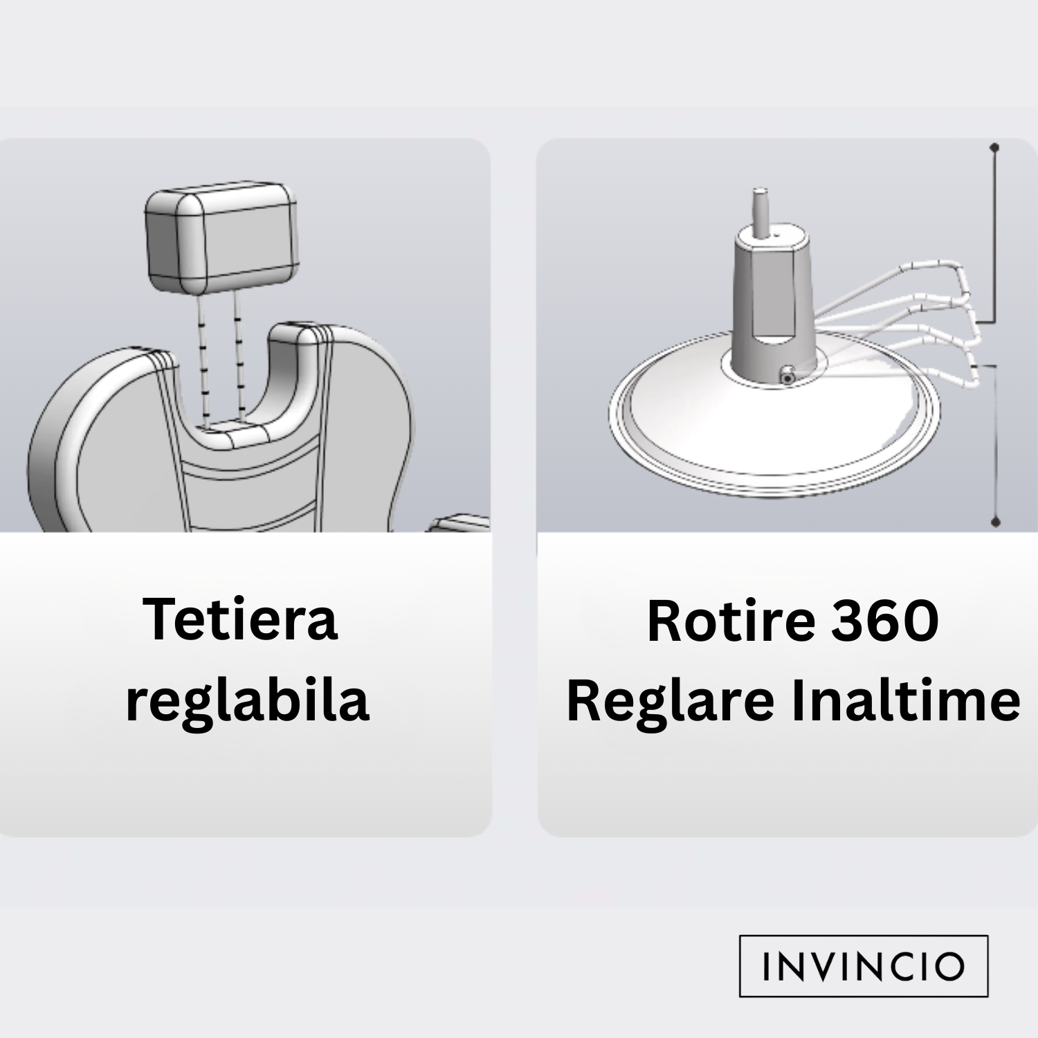 Scaun profesional pentru frizerie si barber shop Invincio™ Plus 2, Rotire la 360 grade, Rabatabil 160 grade, Piston hidraulic, Reglabil pe inaltime, Tetiera reglabila, Piele ecologica, Culoare Negru