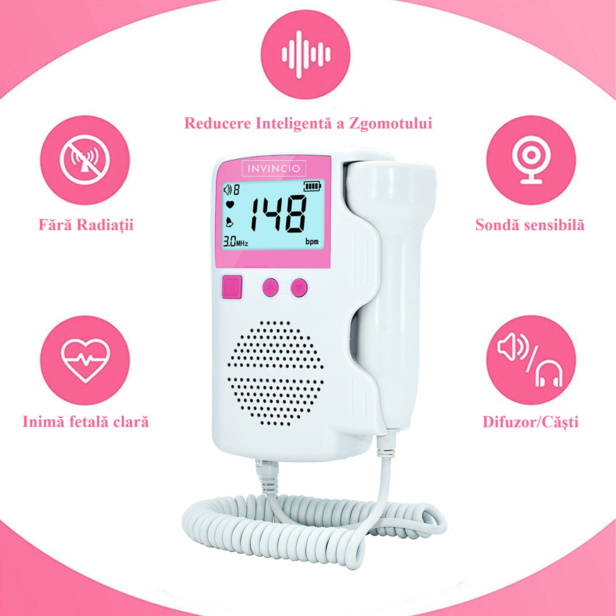 Monitor fetal Doppler, Invincio, pentru monitorizare functii vitale fat intrauterin, gel ultrasunete inclus, Zero radiatii, detectarea batailor inimii/pulsului fatului, pentru gravide, portabil, alb/roz