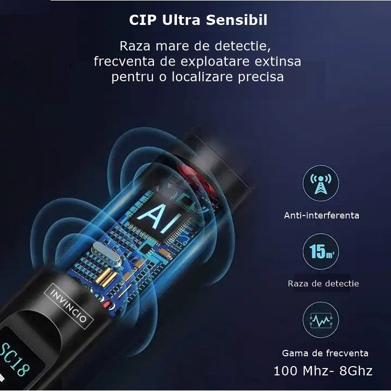 Detector camere si microfoane spion Invincio, portabil, 12 nivele detectie cu indicator LED si sonor, detecteaza localizatoare GPS/GSM si reportofoane si alte surse ascunse, frecvente 100 micro HZ-8GHZ, negru