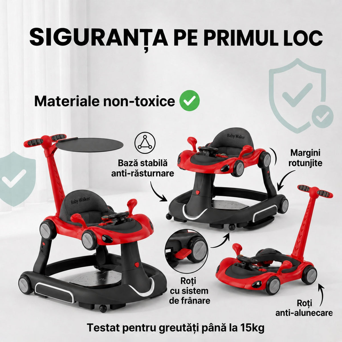 Premergator Invincio Micul Campion Driver, Lumini si 5 Melodii educationale in Limba Romana, multifunctional, antemergator, umbrar si maner control parental, reglabil pe inaltime, roti cu frana de siguranta, Rosu Negru