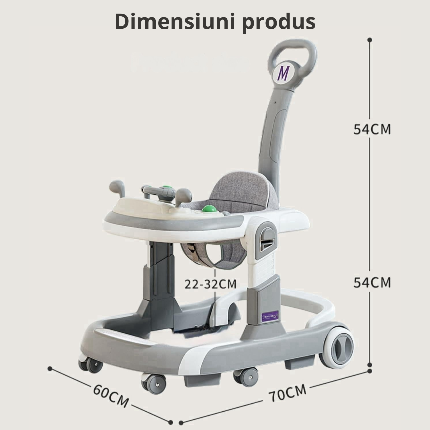 Premergator 4 in 1 INVINCIO First Steps, copii 6-24 luni, Jucarii Motricitate Interactive, Mod Antemergator, roti silentioase, sistem anti-rasturnare, pliabil si ajustabil pe inaltime in 4 nivele, greutate maxima 30 kg, gri