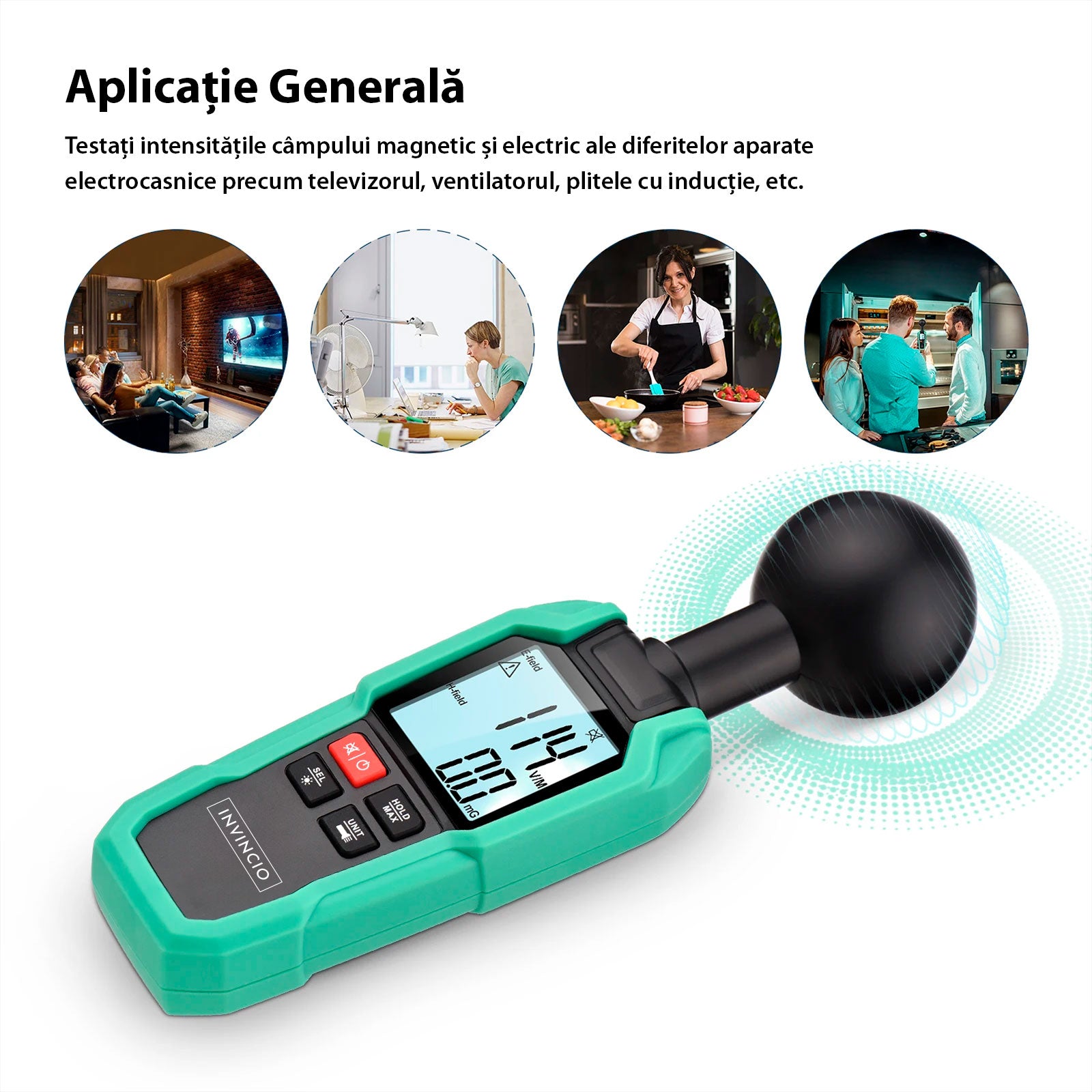 Detector Radiatii Electro-magnetice Invincio EMF, Digital cu Display LCD Iluminat, Detectare Camp Electric, Electromagnetic, mG/µT/(V/M), Temperatura ℃/℉, Functie Memorare Valoare Maxima, Lanterna, Negru