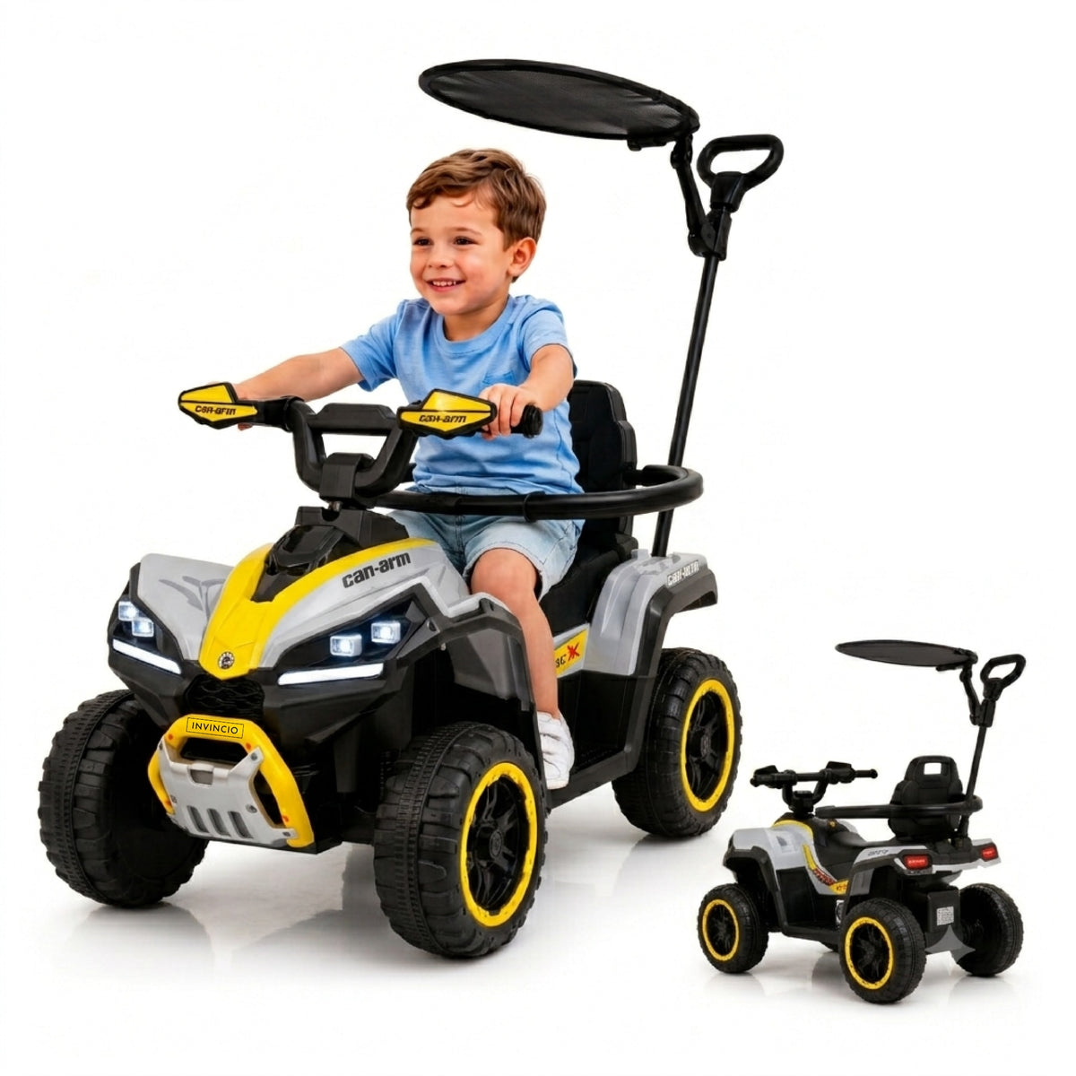 ATV de impins pentru copii Invincio Micul Campion OffRoad 2 in 1, 2-7 ani, maner parental, bara protectie si parasolar detasabile, Faruri functionale, panou muzical USB, suport picioare, max. 30 kg, Alb
