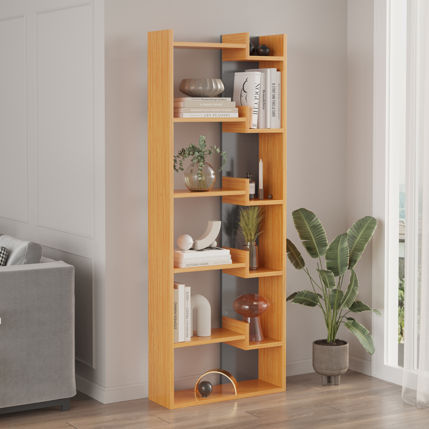 Biblioteca Palermo cu 6 rafturi, design modern, 163 cm inaltime, stil clasic contemporan, corp din PAL melaminat durabil, ideala pentru living, birou sau dormitor, maro