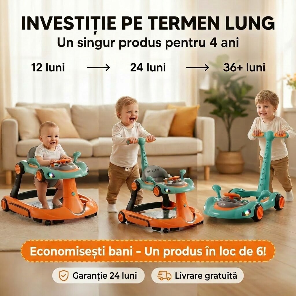 Premergator Invincio Micul Campion Driver, Lumini si 5 Melodii educationale in Limba Romana, multifunctional, antemergator, umbrar si maner control parental, reglabil pe inaltime, roti cu frana de siguranta, Portocaliu Turcoaz