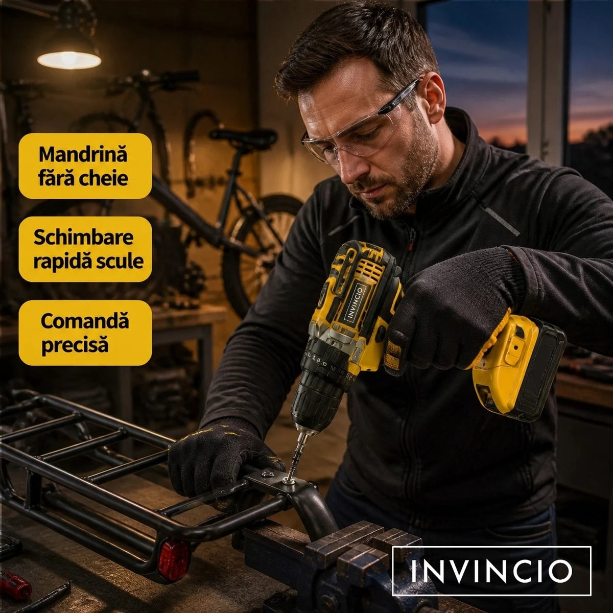 Bormasina cu acumulator INVINCIO Profesional, masina de gaurit cu percutie, 2 baterii 2000mAh Li-Ion, 2 trepte 400/2000 RPM, accesorii, 35 Nm, autofiletanta, masina de insurubat, mandrina rapida 0.8–10 mm, surubelnita electrica, cutie BMC