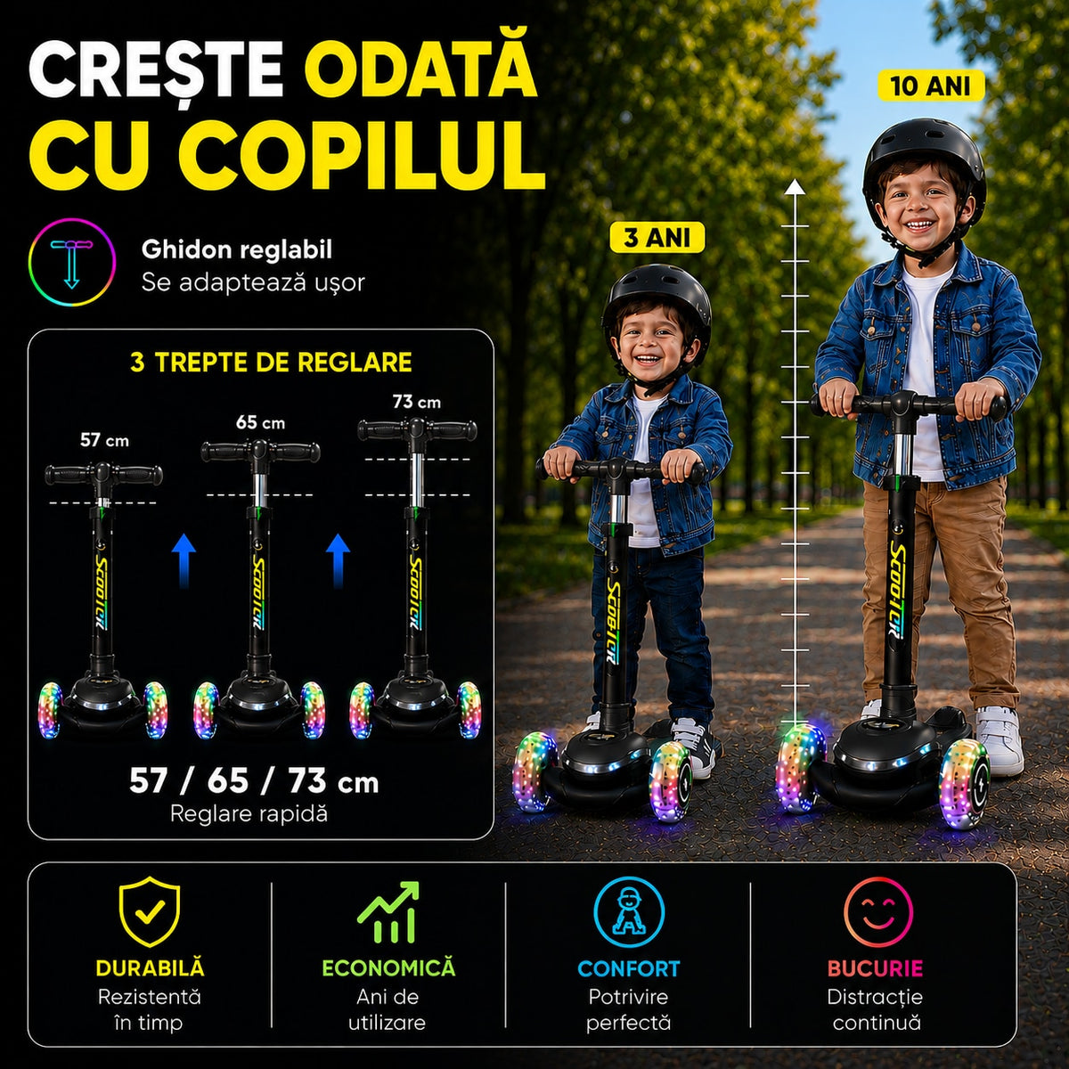 Trotineta Premium 3 Roti Copii Invincio® Happy, Sistem de Iluminat LED Multi-Color, Roti Silentioase cu Rulmenti ABEC-7, Ghidon Reglabil, Design Ergonomic, 3-10 Ani, Negru Carbon