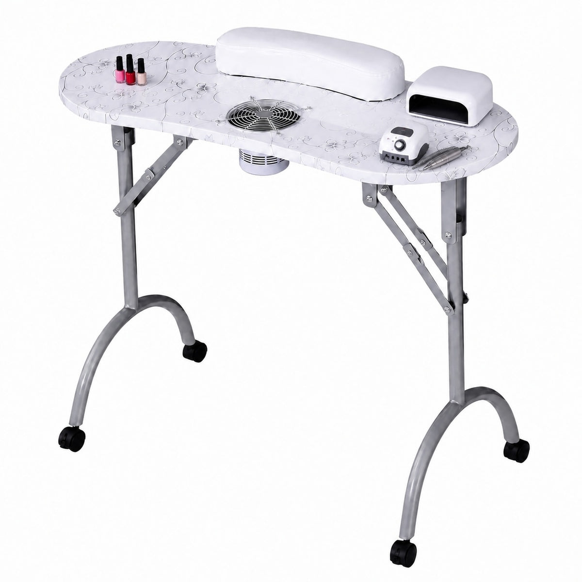 Masa pliabila pentru manichiura INVINCIO Practic Style, aspirator praf de unghii de mare putere vortex, perna incheieturi inclusa, roti deplasare, blat spatios usor de curatat, portabila si pliabila, alba