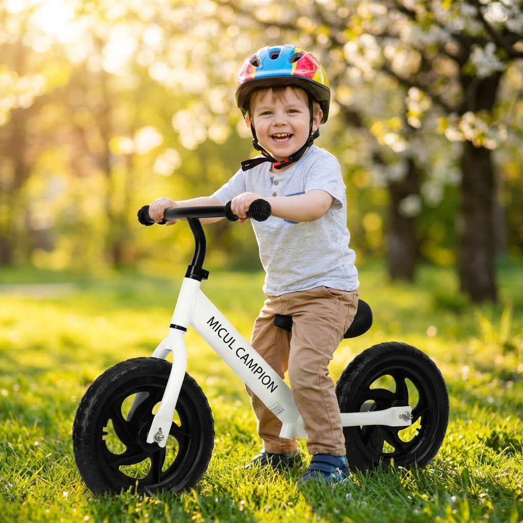 Bicicleta Fara Pedale, Invincio Micul Campion, pentru Copii 3-6 Ani, Roti EVA Anti-Pana, Scaun si Ghidon Reglabil, Cadru Otel Usor, Manere Antialunecare – Perfecta pentru Echilibru si Coordonare, Capacitate Maxima 30 de kg, Alba