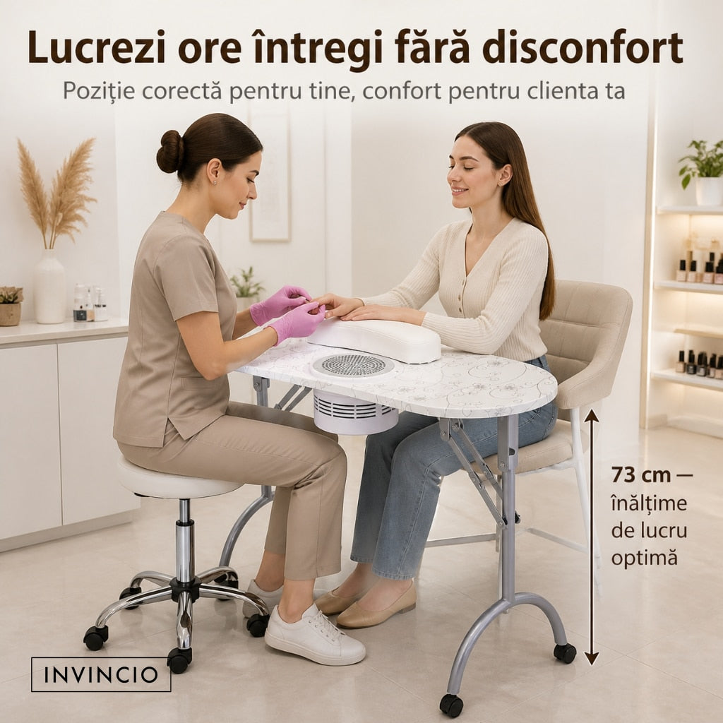 Masa pliabila pentru manichiura INVINCIO Practic Style, aspirator praf de unghii de mare putere vortex, perna incheieturi inclusa, roti deplasare, blat spatios usor de curatat, portabila si pliabila, alba