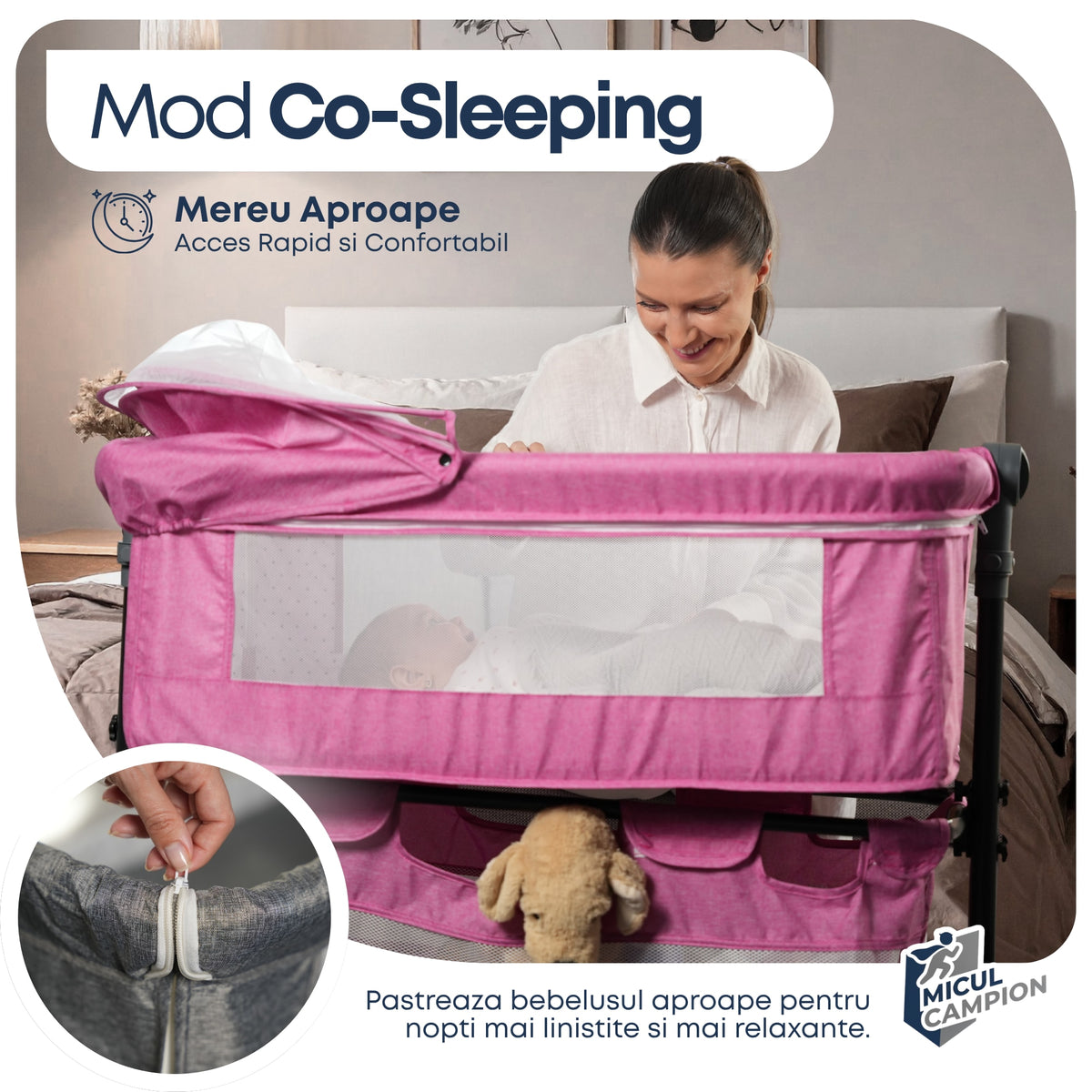 Pat nou-nascut Invincio Dream, Patut bebelus pliabil si portabil, Functie Co-Sleeper si Leganare, Saltea si plasa anti-tantari incluse, Inaltime Reglabila 2 Pozitii si inclinare anti-reflux, Cos Depozitare, Roti cu Blocare, 95×60×80cm, Pana la 15kg, Roz