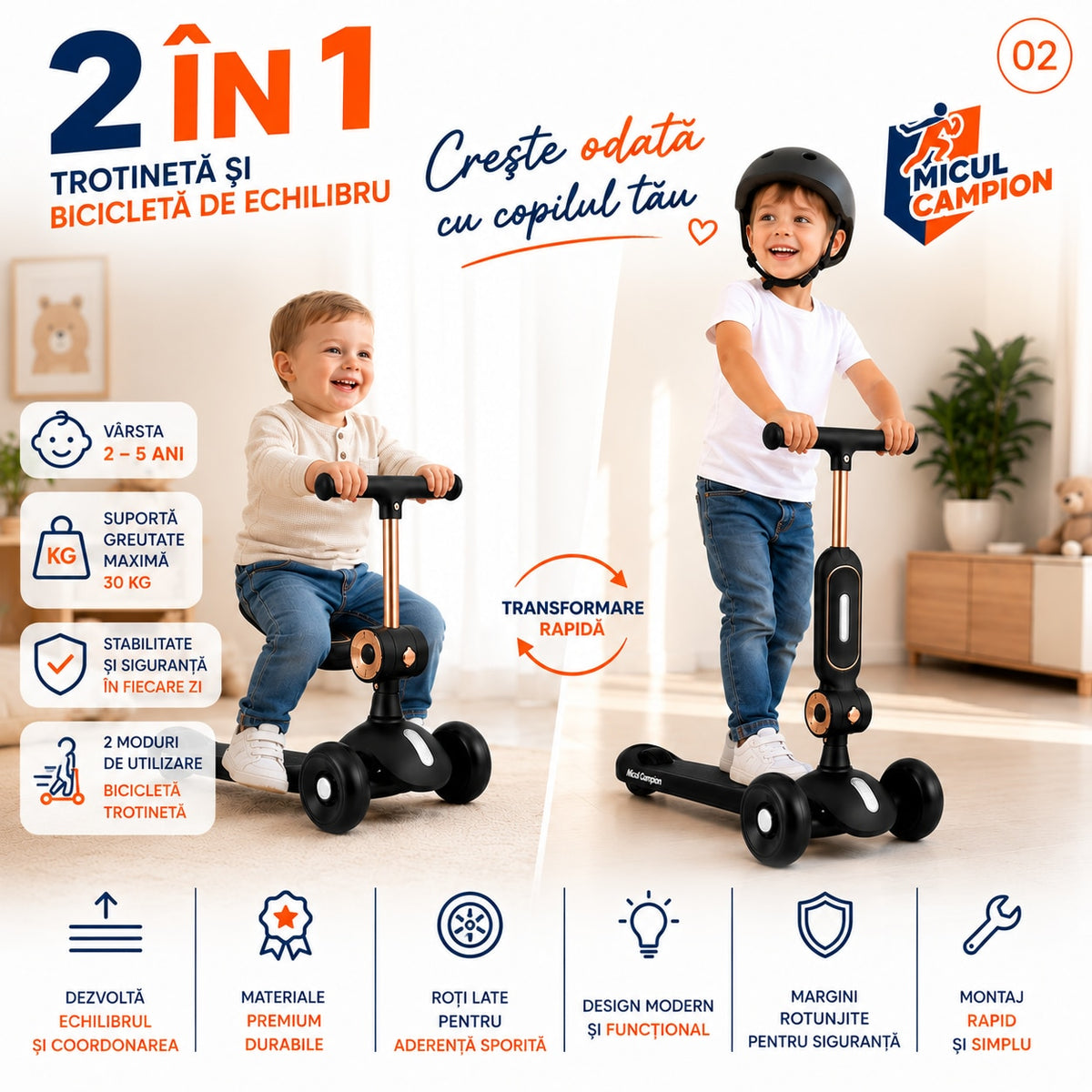 Trotineta copii 2 in 1 cu scaun INVINCIO Play Micul Campion, Bicicleta de echilibru, 3 roti EVA pline si silentioase, Lumina LED frontala Siguranta Sporita, Ghidon reglabil, Pliabila usor de depozitat si transportat, 2-5 ani, max. 30 kg, Negru