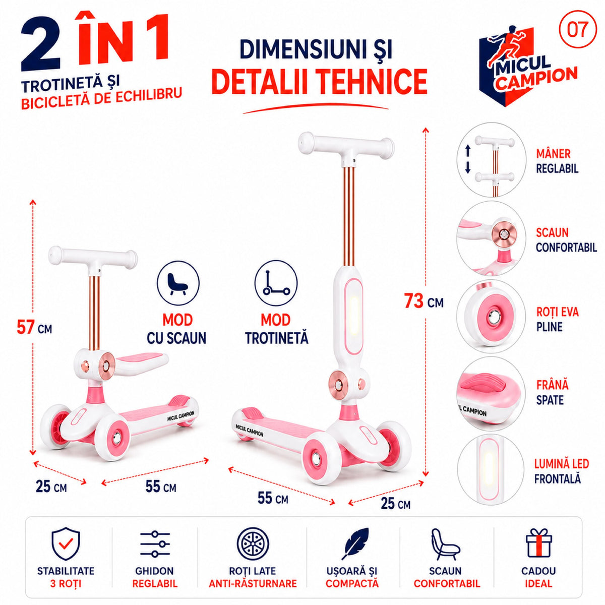 Trotineta Fete 2 in 1 INVINCIO Play – Bicicleta de Echilibru cu Scaun rabatabil, 3 Roti EVA pline silentioase, LED Frontal pentru siguranta sporita, Pliabila usor de depozitat si transportat, Ghidon Reglabil, Frana Spate, 2-5 ani, Max. 30 kg, Alb/Roz
