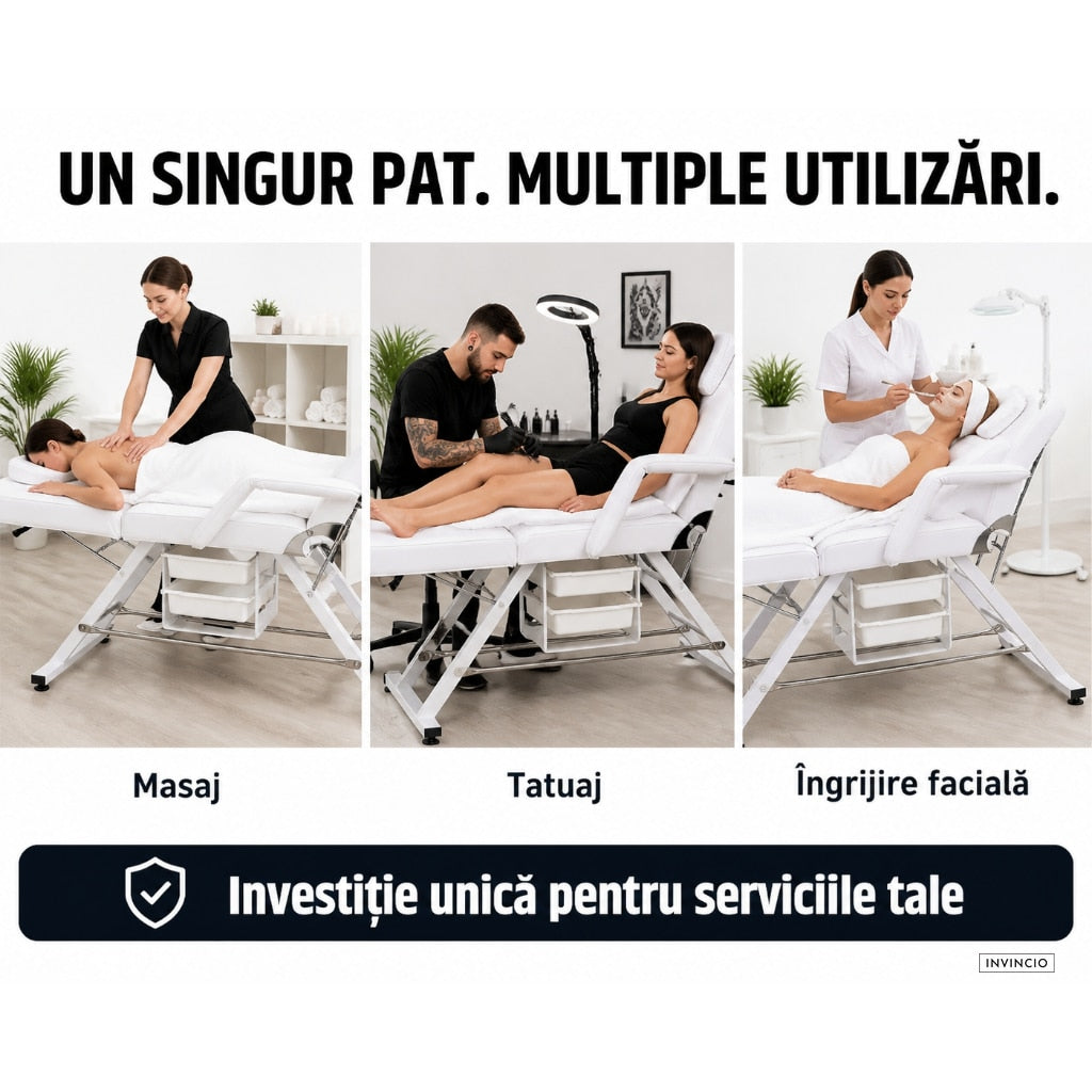 Pat Cosmetica reglabil INVINCIO Profesional, masa SPA, masaj, gene, tatuaje, scaun inclus, spatar si perna picioare reglabile, manere si perna cap detasabile, 2 sertare, 180x60cm, pana la 150kg, usor de curatat, piele ecologica alba