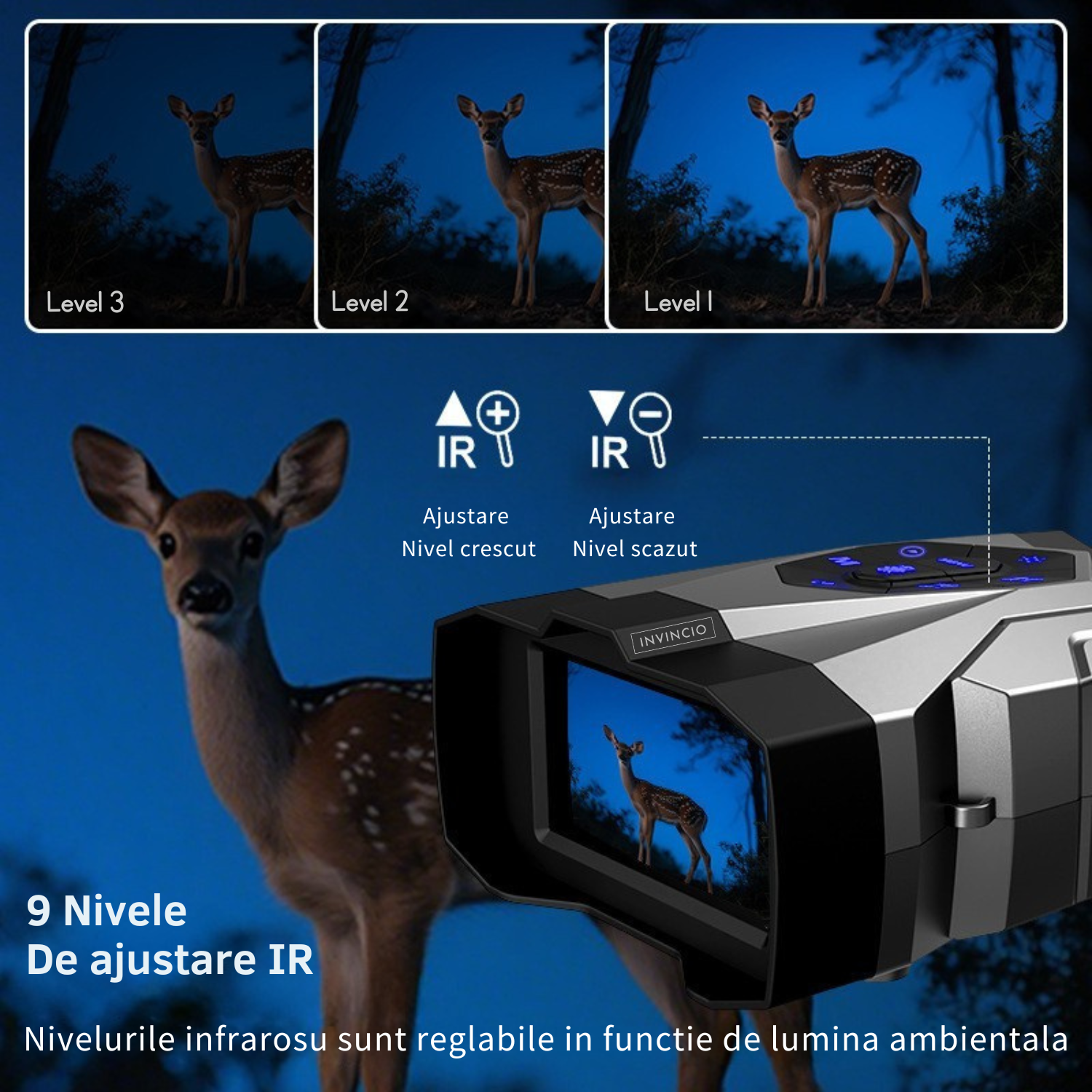 Binoclu cu vedere nocturna, Invincio Explorer, 4K, Zoom 16x, autonomie +12H 5000mAh, ecran color HD 4.5”, mod zi/noapte, inregistrare video 4K cu sunet, card 32GB inclus, 9 nivele infrarosu, rezistent la apa, negru