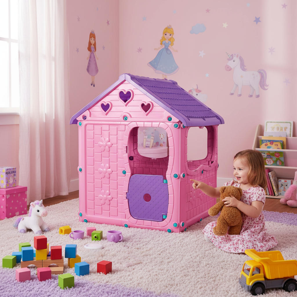 Casuta de joaca pentru copii Bezubi Kids FUN, colturi rotunjite, sigur si rezistent, interior/exterior, demontabila, cu usa si ferestre, design ergonomic, 2 locuri, varsta 1+ ani, dimensiuni 98x92x116 cm, roz