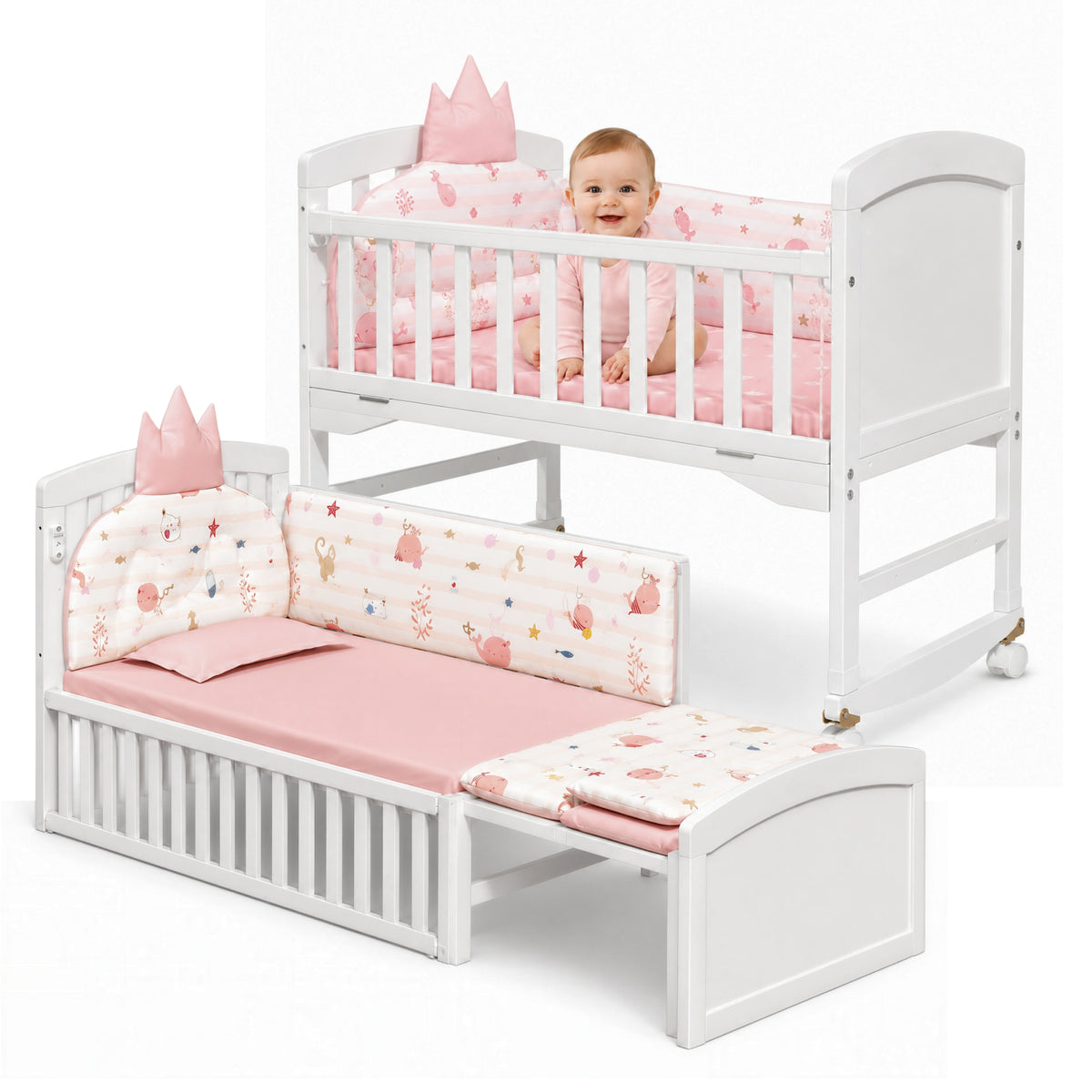 Patut 3 in 1 Invincio Vise Frumoase, pat bebelusi 0-2 ani, extensibil pentru copii 2-6 ani, Birou 6 ani+, Saltea Perna si Protectii Incluse, Plasa anti-tantari, Laterala culisanta pentru co-sleep langa patul parintilor, Balansoar, roti, alb-roz