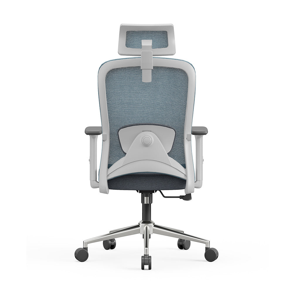 Scaun Ergonomic de Birou, Invincio Sammy HG, Spatar Mesh, Tetiera si Suport Lombar 2D Reglabil, Cotiere PU Reglabile pe Inaltime, Sezut cu Spuma Densa, Baza Cromata 320mm, Sistem cu Balans si Blocare, Sarcina Max 136kg, gri-albastru