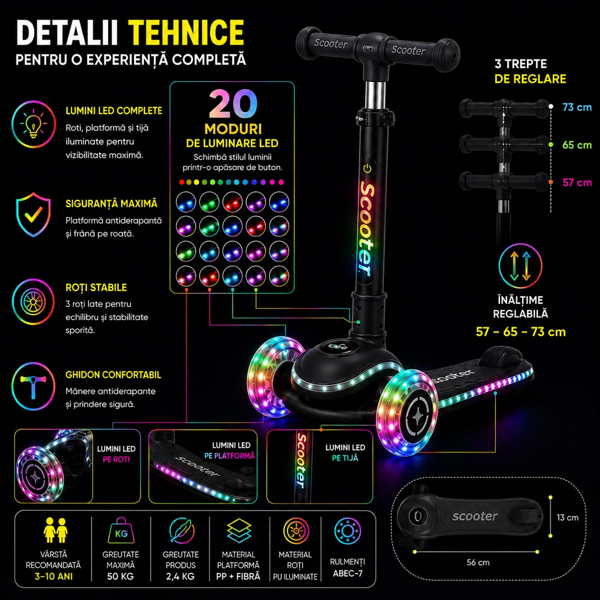 Trotineta Premium 3 Roti Copii Invincio® Happy, Sistem de Iluminat LED Multi-Color, Roti Silentioase cu Rulmenti ABEC-7, Ghidon Reglabil, Design Ergonomic, 3-10 Ani, Negru Carbon