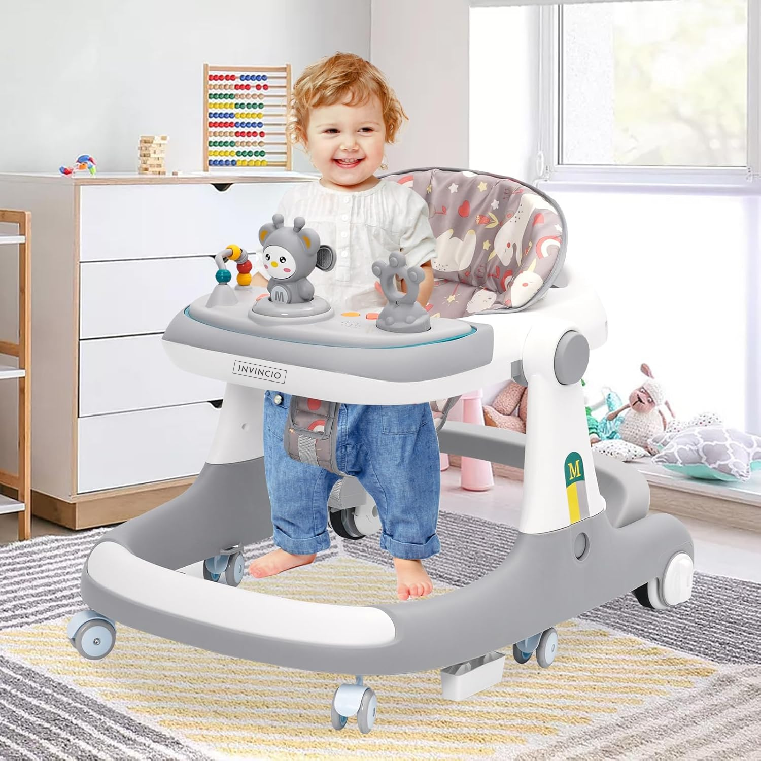 Premergator Invincio BabySteps 3 in 1, 6-24 luni, Multifunctional cu Protectie Anti-Rasturnare, Roti cu Frana, Masuta Detasabila, Centru Activitati Muzical – Pentru Baieti si Fetite, greutate maxima 30kg, gri