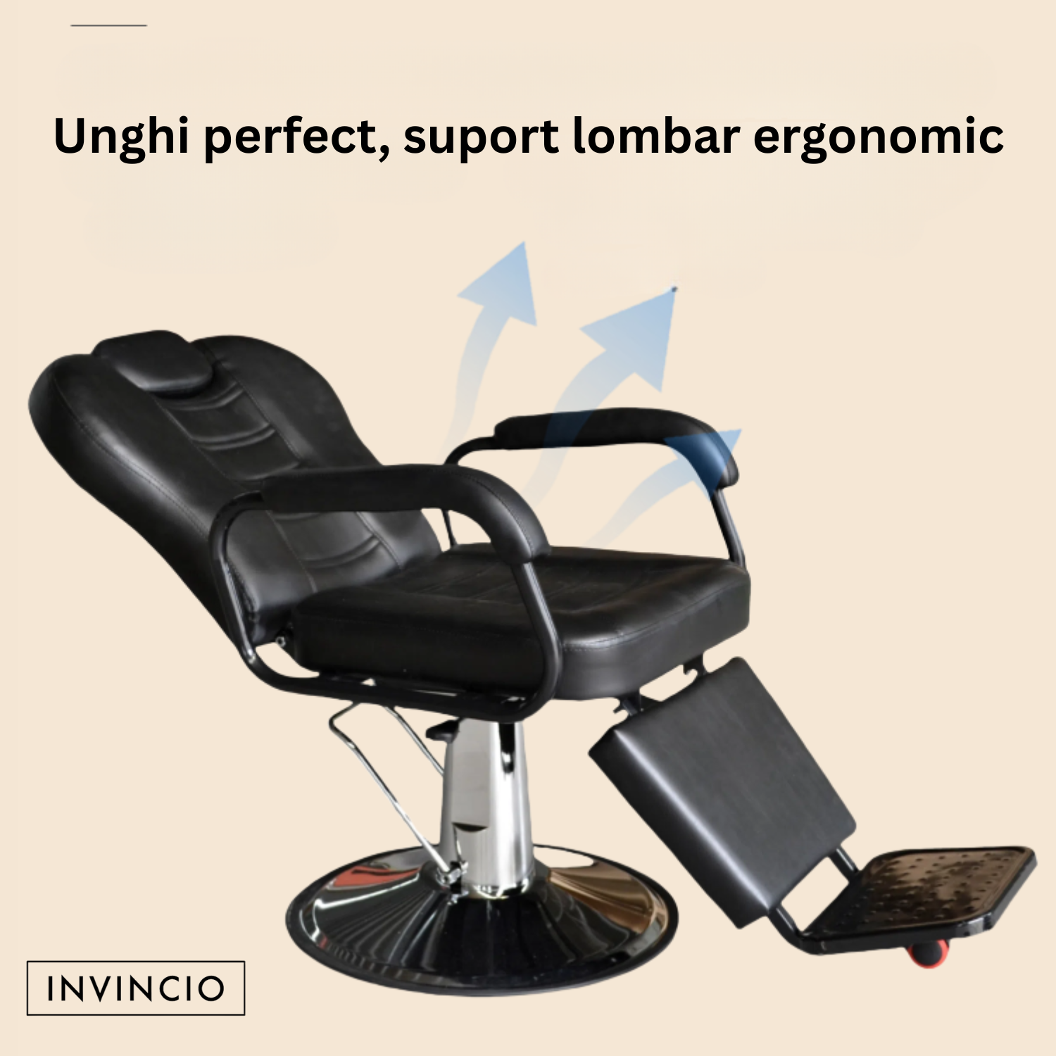 Scaun profesional pentru frizerie si barber shop Invincio™ Plus 2, Rotire la 360 grade, Rabatabil 160 grade, Piston hidraulic, Reglabil pe inaltime, Tetiera reglabila, Piele ecologica, Culoare Negru