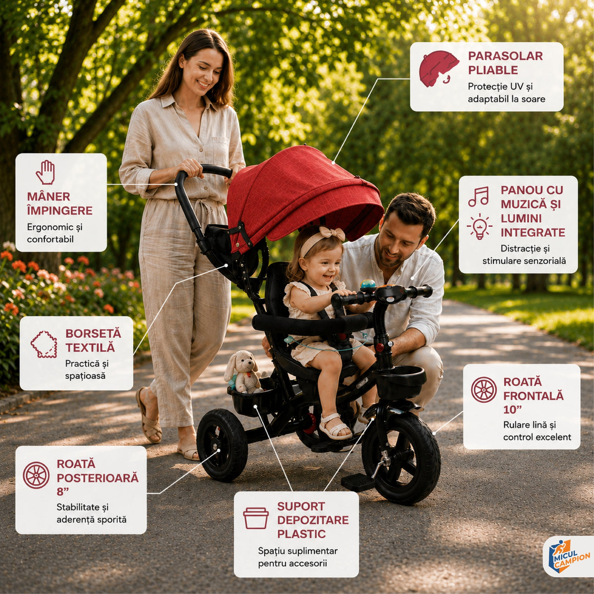 Tricicleta Micul Campion Explorer 360, Scaun Reversibil, Lumini si Muzica, Rosu, 2-5 Ani, Max. 35 Kg