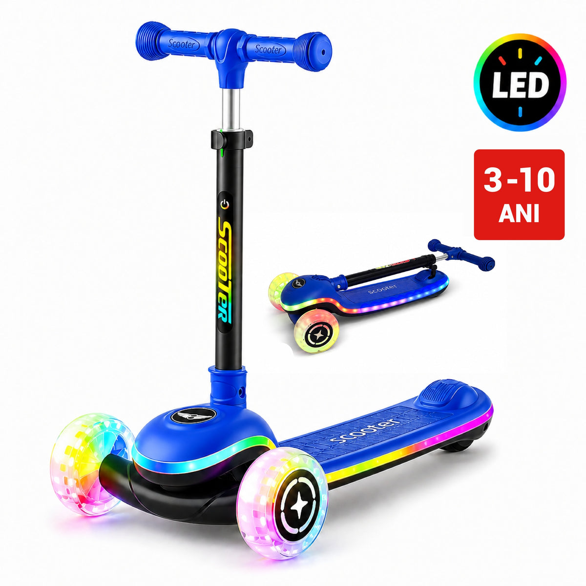 Trotineta 3 Roti Copii Invincio® Happy, 20 Moduri Iluminare LED RGB, Roti Luminoase PU silentioase si aderente, Ghidon Pliabil si Telescopic 3 Trepte, Stabilitate Maxima, Pana la 50kg, 3-10 Ani, Albastru Royal
