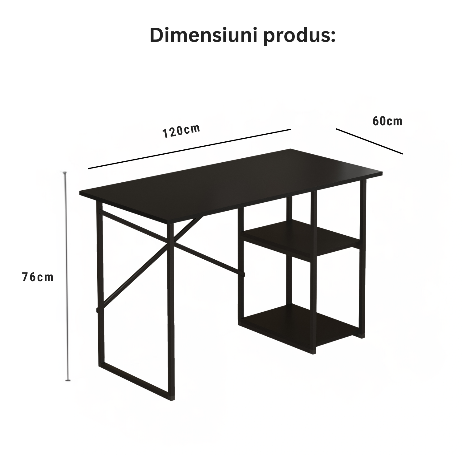 Birou de Calculator Bezubi Vienna, Design Modern, 2 Rafturi Laterale pentru Depozitare, Blat cu Finisaj Stejar, Cadru Metalic Negru, Compact si Robust, Dimensiuni 120x60x76 cm, Usor de Asamblat, negru