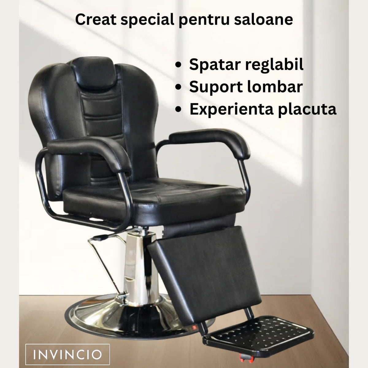 Scaun profesional pentru frizerie si barber shop Invincio™ Plus 2, Rotire la 360 grade, Reglabil pe inaltime, Tetiera reglabila, Culoare Negru