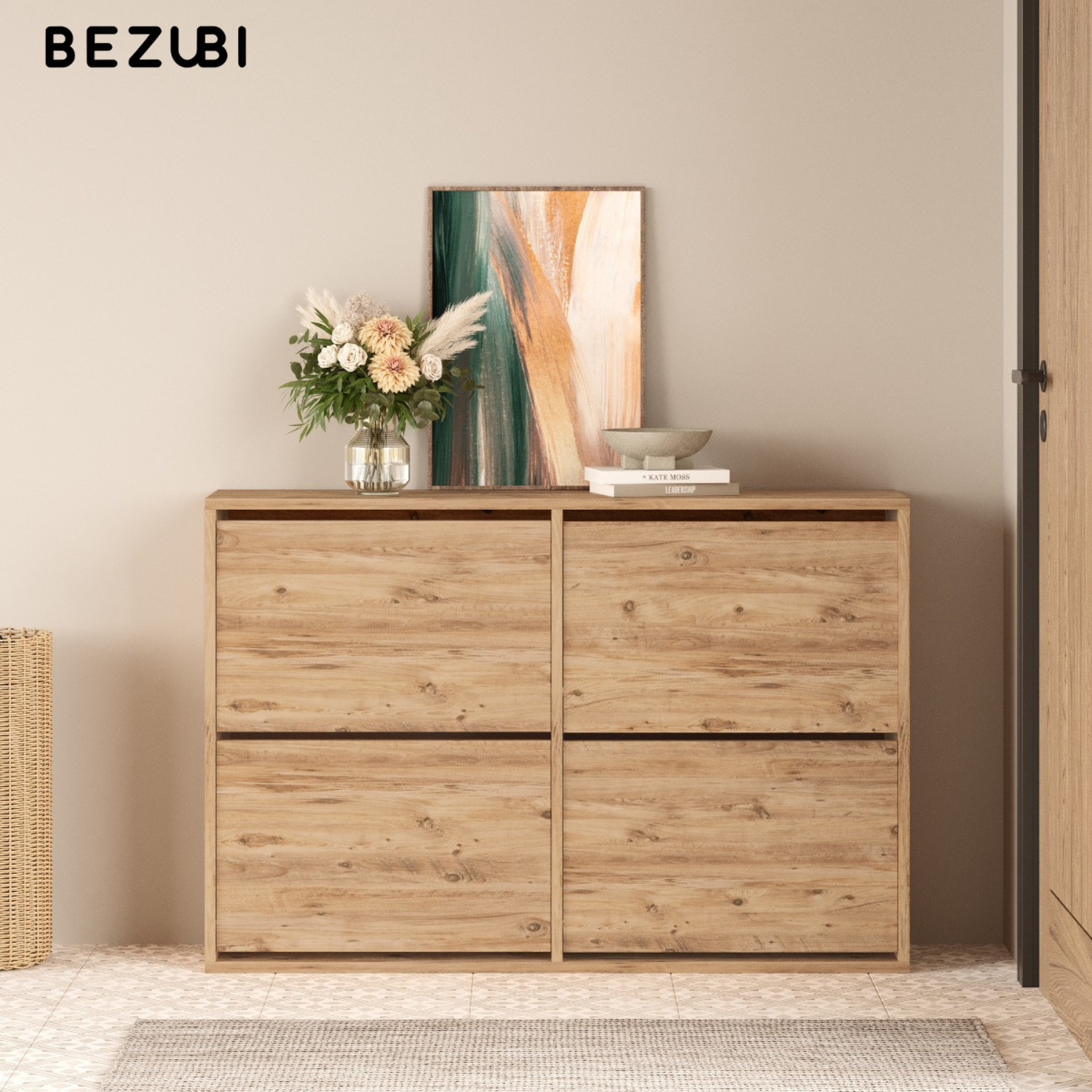 Pantofar cu 4 compartimente, capacitate pana la 16 perechi pantofi, mobilier hol, design slim, organizator pantofi, dimensiuni 117, 5 x 27 x 79 cm, structura rezistenta, aspect modern, maro