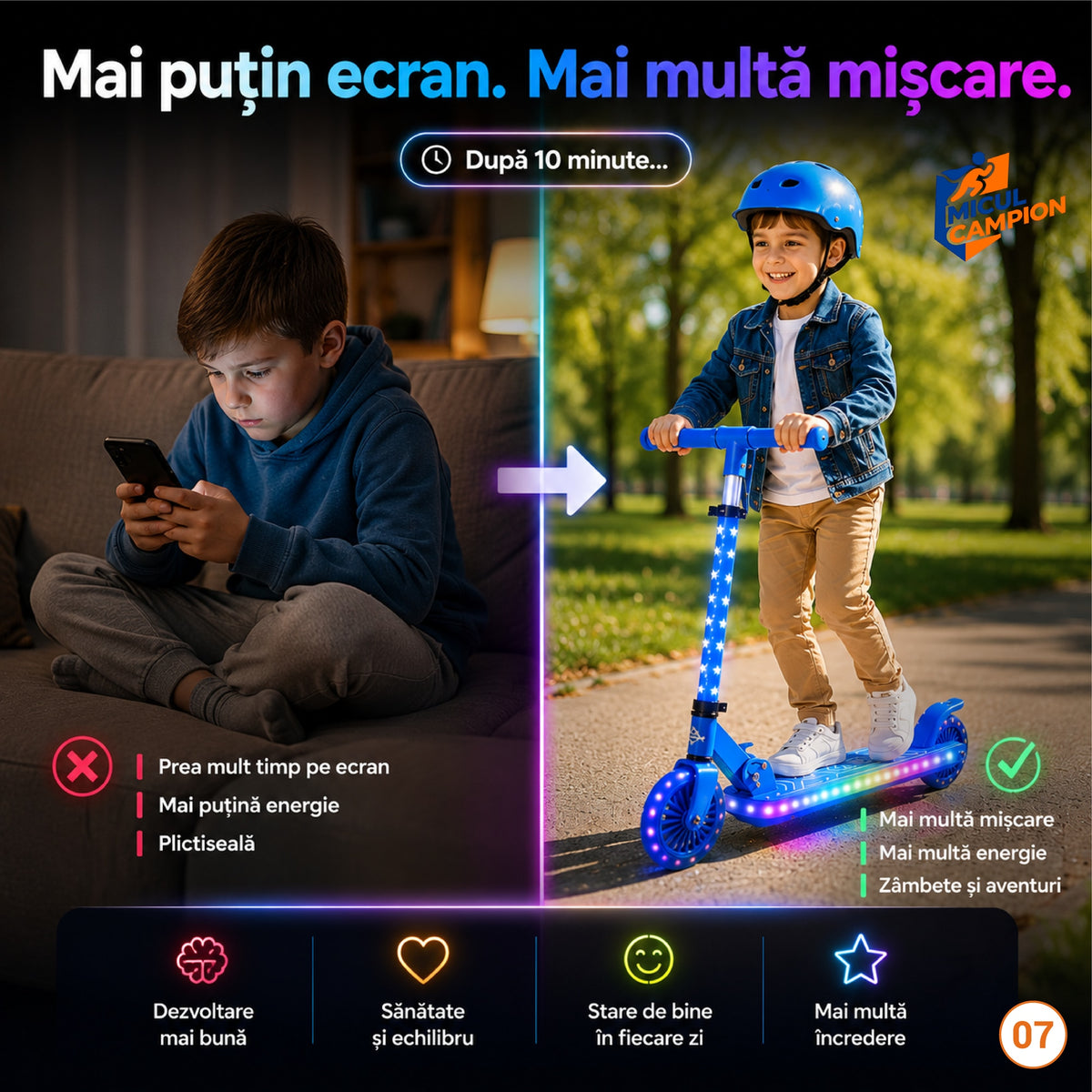 Trotineta copii LED Invincio Micul Campion Pilot, 2-10 ani, pliabila, 2 roti, 7 culori LED, 14 moduri iluminare, platforma anti-derapanta, roti luminoase, ghidon reglabil 3 nivele 76-87 cm, frana spate, cadru rezistent si usor suporta 30kg, Albastra