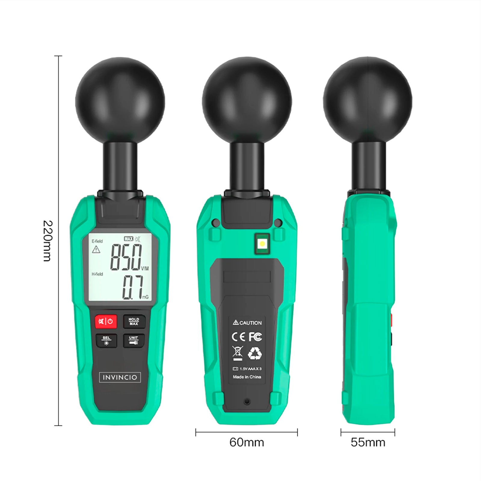 Detector Radiatii Electro-magnetice Invincio EMF, Digital cu Display LCD Iluminat, Detectare Camp Electric, Electromagnetic, mG/µT/(V/M), Temperatura ℃/℉, Functie Memorare Valoare Maxima, Lanterna, Negru