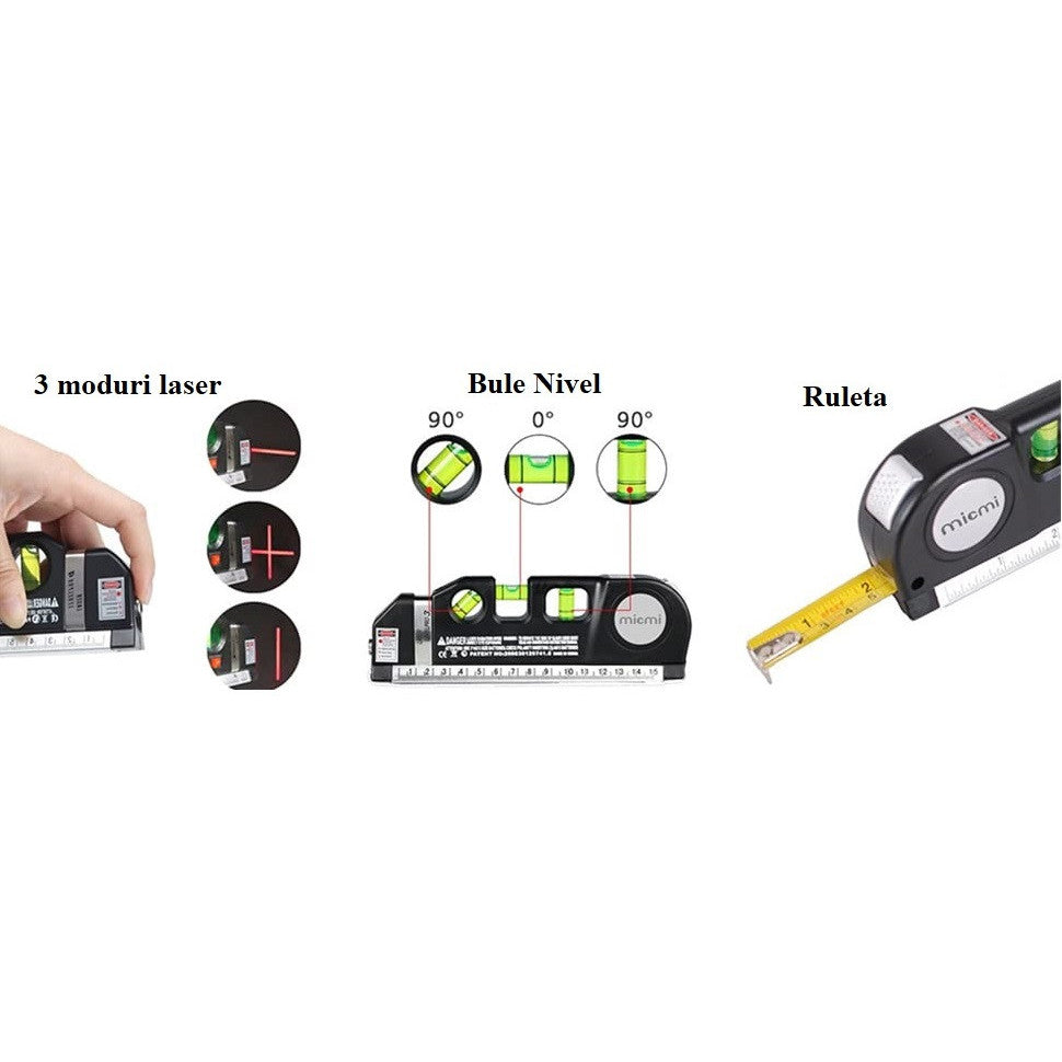 Nivela Laser cruce, orizontal si vertical, boloboc 3 bule, ruleta 2.5m si rigla aluminiu 15cm, multifunctionala 4 in 1 Laser