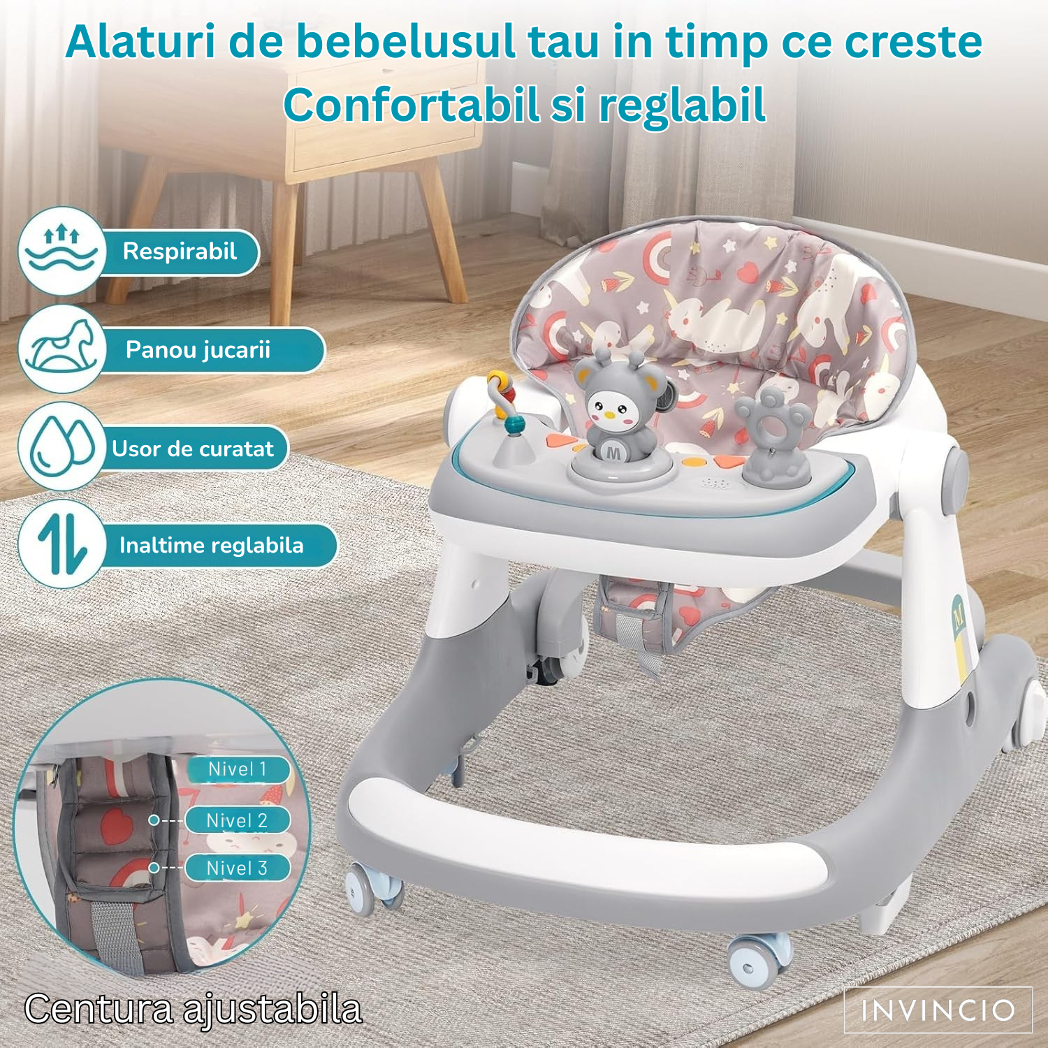Premergator Invincio BabySteps 3 in 1, 6-24 luni, Multifunctional cu Protectie Anti-Rasturnare, Roti cu Frana, Masuta Detasabila, Centru Activitati Muzical – Pentru Baieti si Fetite, greutate maxima 30kg, gri