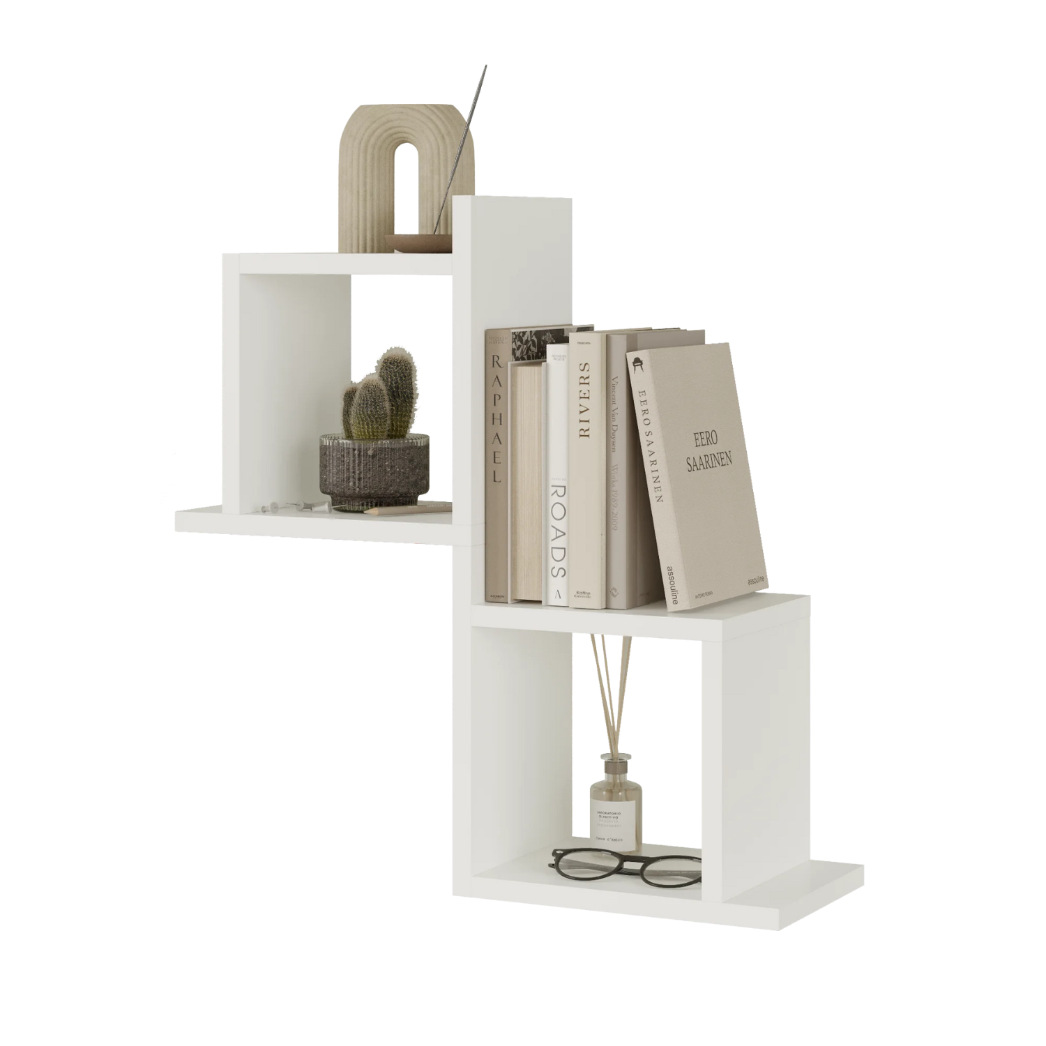 Etajera de perete modulara dubla Capri, design geometric modern, 2 rafturi cubice, montaj usor, dimensiuni 58x60x20 cm, ideala pentru carti, decoratiuni si plante, alb mat