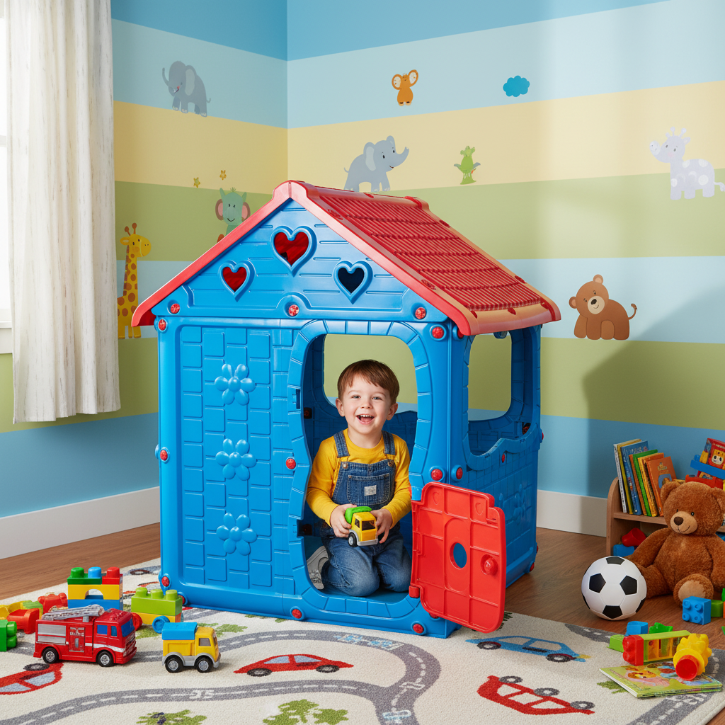 Casuta de joaca pentru copii Bezubi Kids FUN, colturi rotunjite, sigur si rezistent, interior/exterior, demontabila, cu usa si ferestre, design ergonomic, 2 locuri, varsta 1+ ani, dimensiuni 98x92x116 cm, albastru cu rosu
