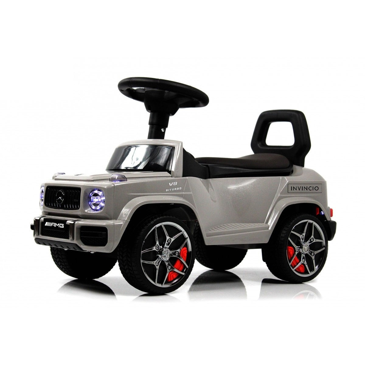 Masina de copii Invincio Mercedes G Class, Muzica si Lumini, Functie de balansoar, Depozitare sub sezut, masinuta cu spatar, Gri metalizat