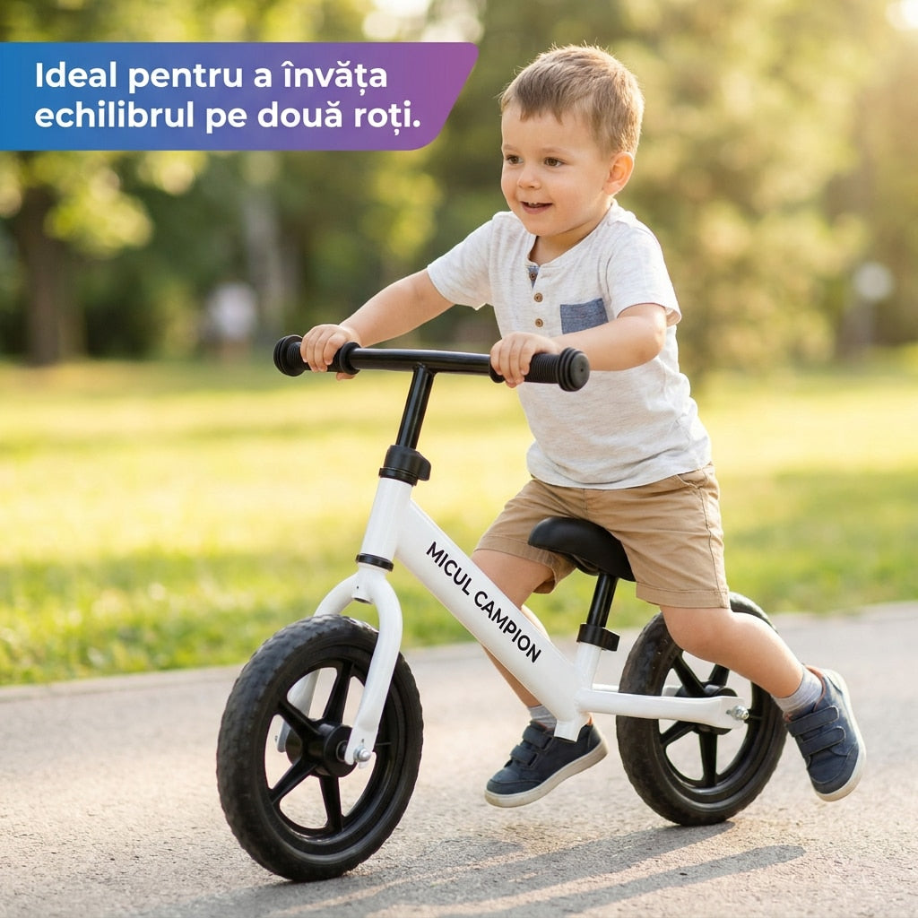 Bicicleta Fara Pedale, Invincio Micul Campion, pentru Copii 3-6 Ani, Roti EVA Anti-Pana, Scaun si Ghidon Reglabil, Cadru Otel Usor, Manere Antialunecare – Perfecta pentru Echilibru si Coordonare, Capacitate Maxima 30 de kg, Alba