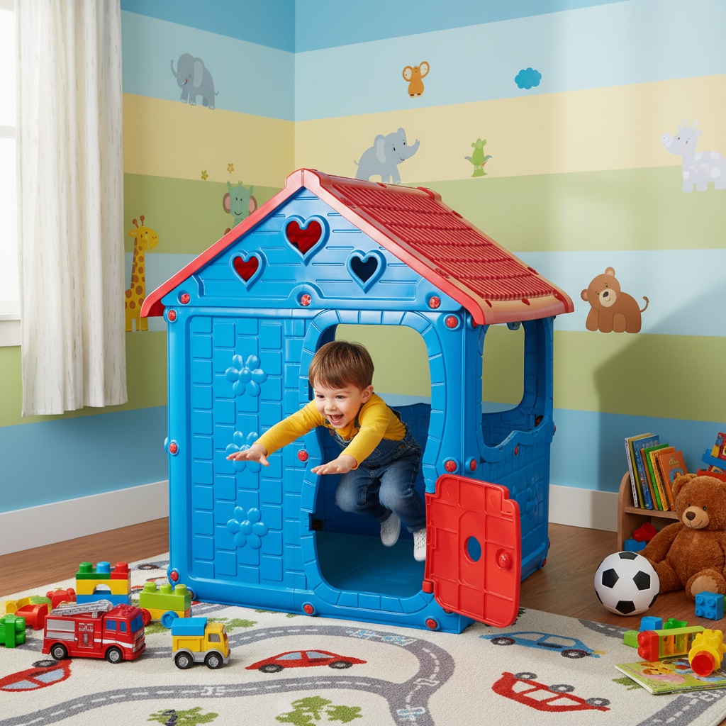 Casuta de joaca pentru copii Bezubi Kids FUN, colturi rotunjite, sigur si rezistent, interior/exterior, demontabila, cu usa si ferestre, design ergonomic, 2 locuri, varsta 1+ ani, dimensiuni 98x92x116 cm, albastru cu rosu
