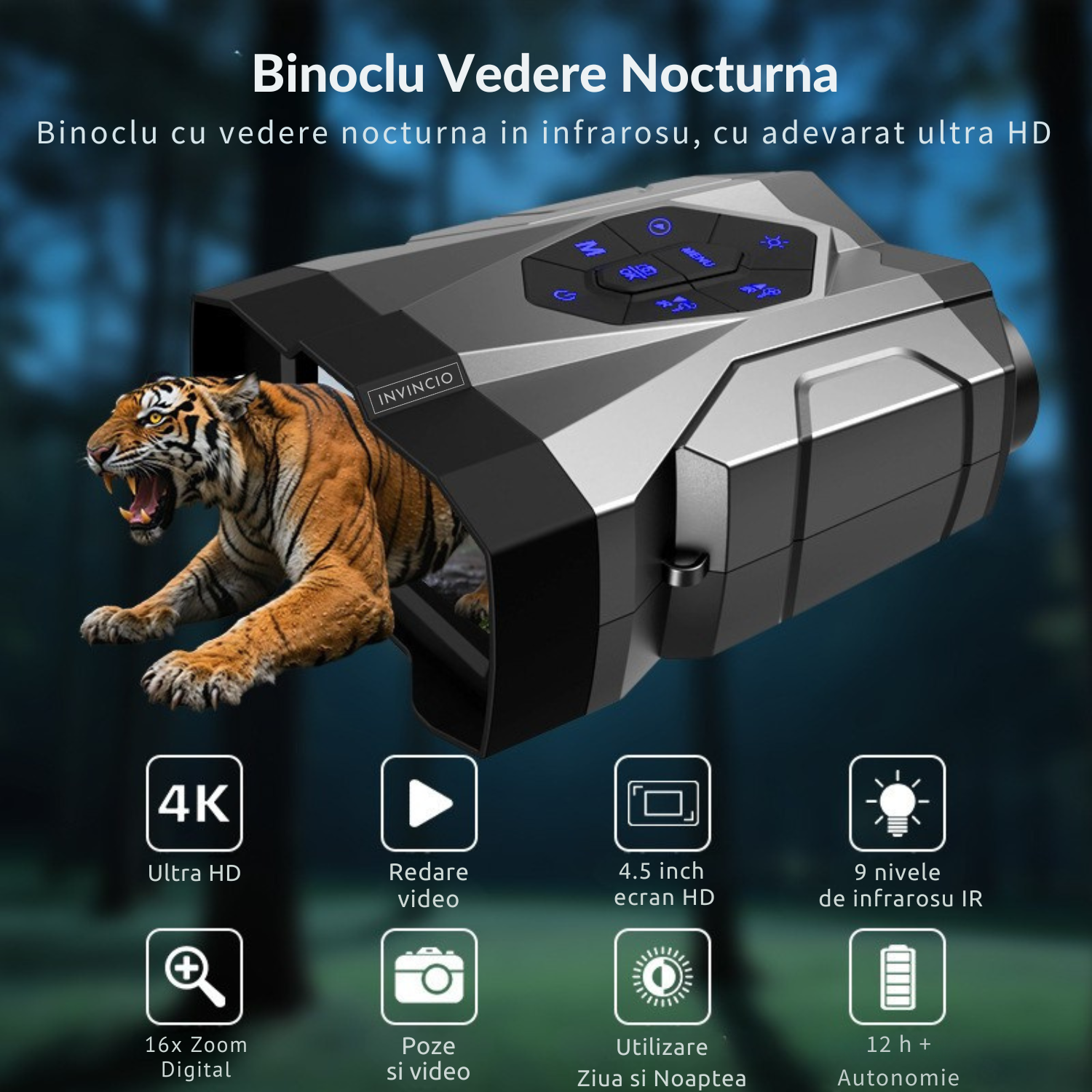 Binoclu cu vedere nocturna, Invincio Explorer, 4K, Zoom 16x, autonomie +12H 5000mAh, ecran color HD 4.5”, mod zi/noapte, inregistrare video 4K cu sunet, card 32GB inclus, 9 nivele infrarosu, rezistent la apa, negru