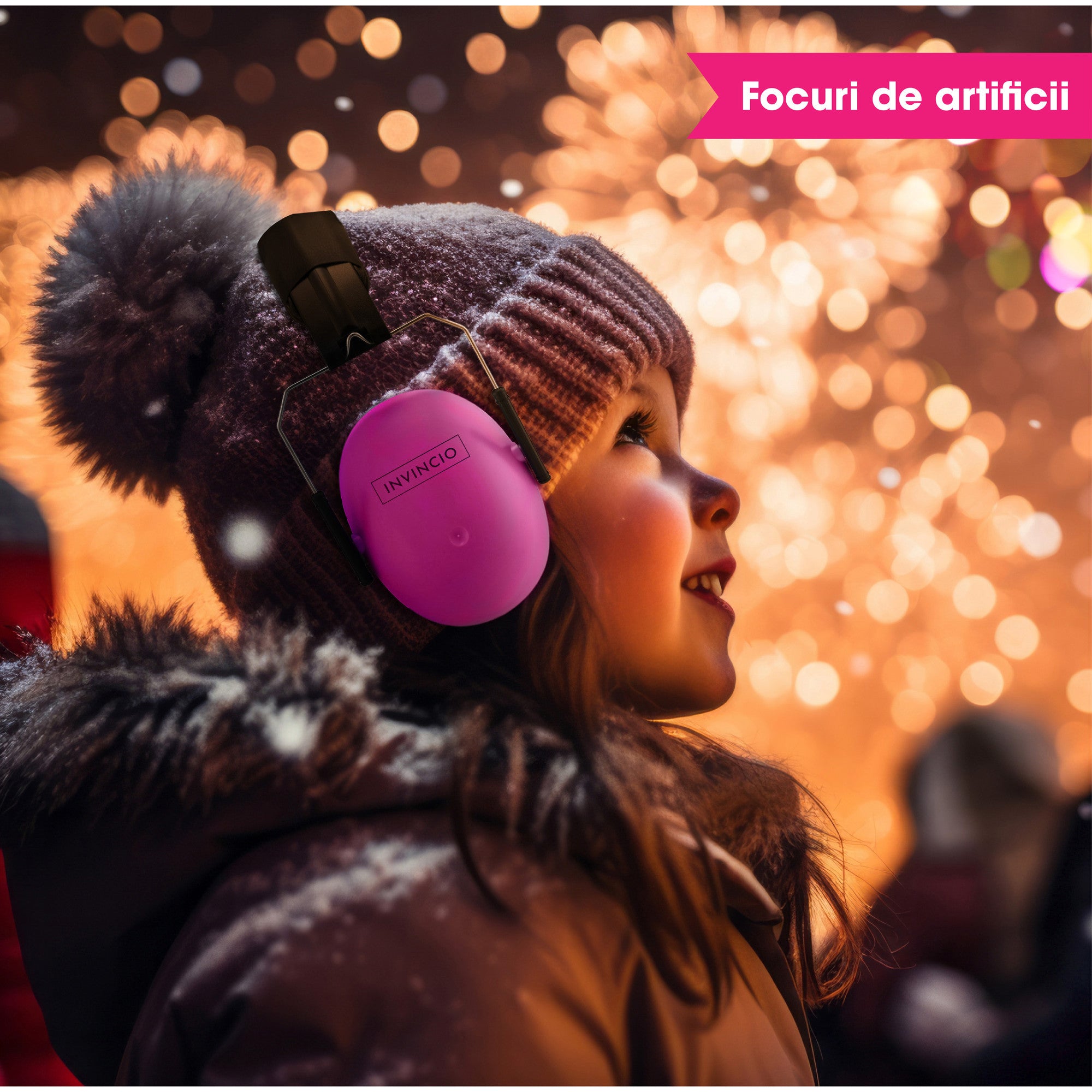 Casti antifoane copii 3-10 ani INVINCIO Safety, marime reglabil, confortabile, ergonomice, captusite, usoare, pentru protectia auzului, roz mat