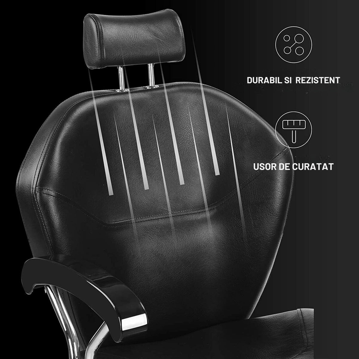 Scaun frizerie/coafor Invincio EasyCut, design ergonomic, piston hidraulic, rotire la 360 de grade, spatar rabatabil, inaltime reglabila, material durabil si rezistent, negru mat